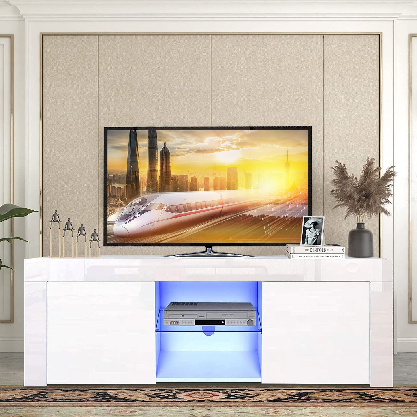 Modern LED TV Stand for 65 Inch TVs with Color Change Lighting, White TV Stand Universal Entertainment Center for Video Gaming, Movies, and Home Decor, Clear Glass Shelving, 59"L×14" W×18"H