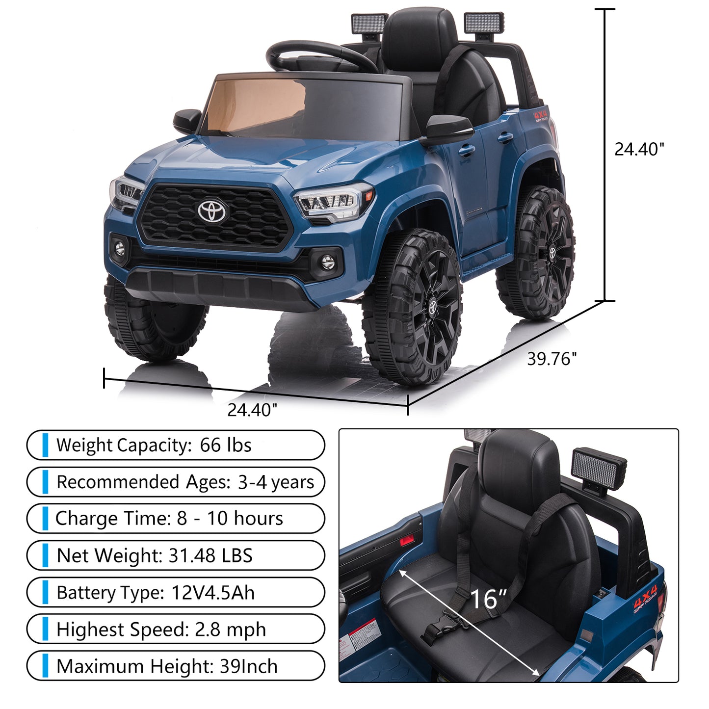 SYNGAR Blue 12 V Toyota Tacoma Powered Ride-On with Remote Control