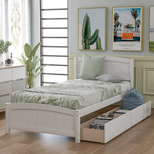 SYNGAR Twin Bed Frame with Storage Drawers, Pine Wood Platform Bed for Boys Girls Teens Adults, White, LJ711