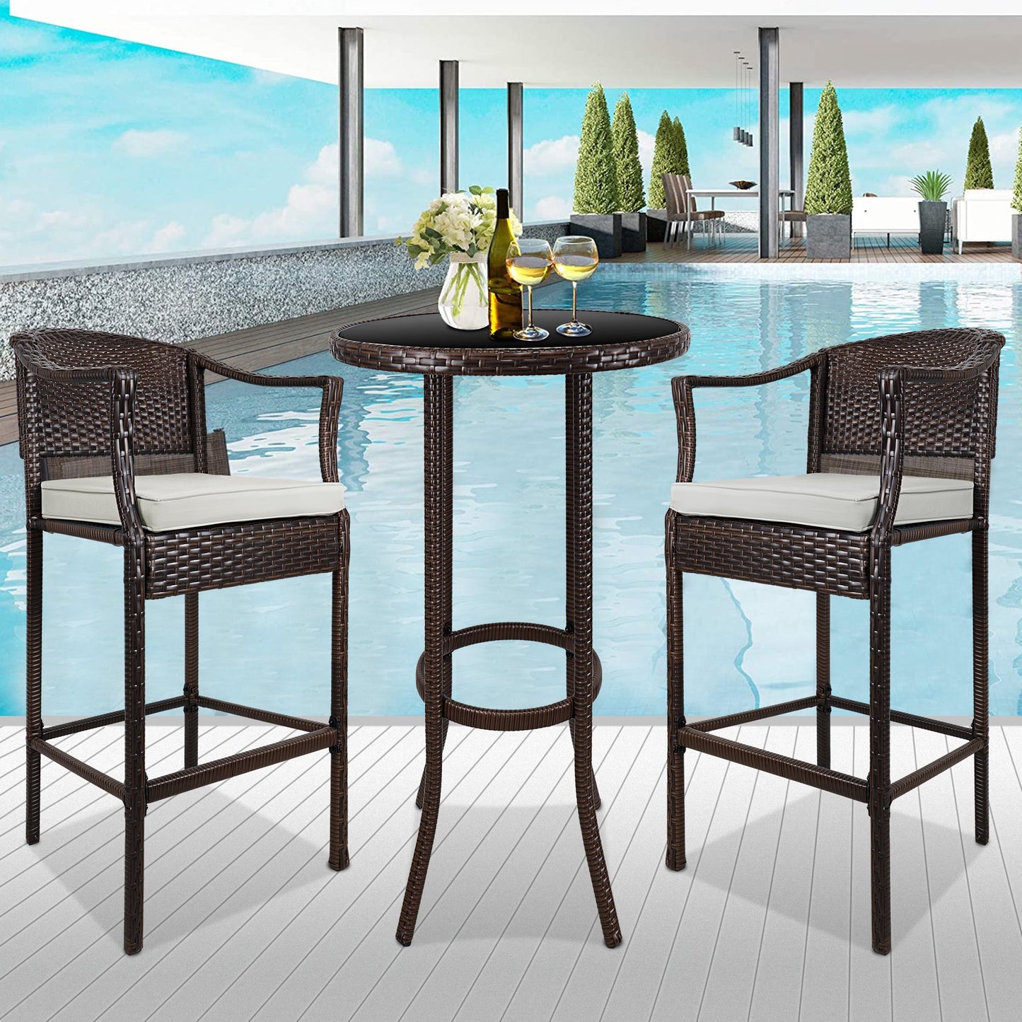 Patio Swivel Bistro Set, 3 Piece Outdoor Bar Table and Stools Set, 2 Patio Swivel Bar Chairs with 1 High Glass Top Table, All Weather Metal Frame Furniture Set for Garden Yard Balcony Pool Cafe, K06