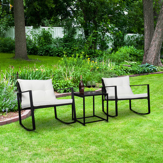 SYNGAR Patio Conversation Set of 3, Metal Outdoor Furniture with 2 Chairs, Patio Metal Coffee Table, and Cushions, Dining Set Seating for Outdoor Garden Backyard Lawn, White