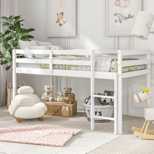 Low Twin Wood Loft Bed with Full-length Safety Rail and Ladder, Loft Bed Frame for Kids Toddlers, Solid Pine Wood, No Box Spring Needed, White