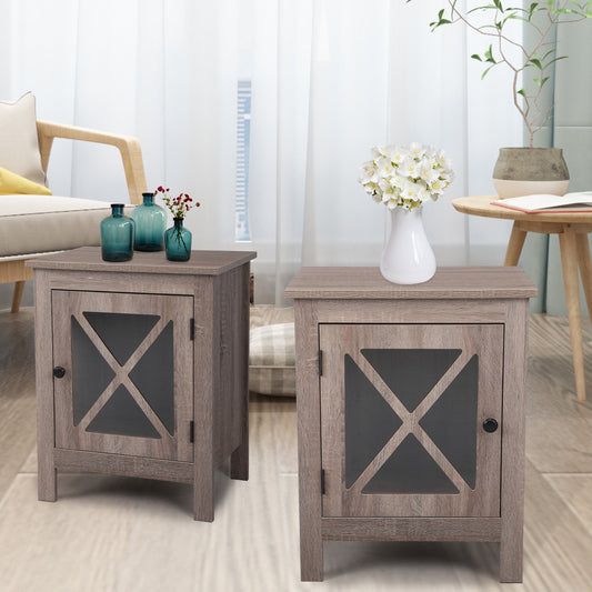 SYNGAR Brown Farmhouse Nightstand Set of 2, Rustic Side Table End Table with Storage Drawer and Door for Bedroom Living Room