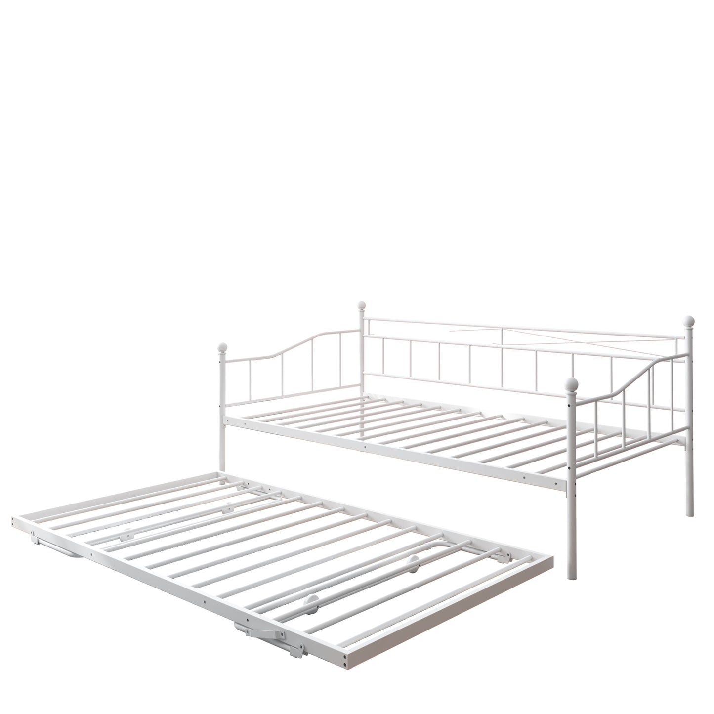 Twin Daybed with Pop Up Trundle, Metal Twin Size Daybed Frame, Space Saving Sofa Bed with Trundle Bed, Modern Home Platform Bed for Living Room/Bedroom, No Box Spring Needed, White, D6613