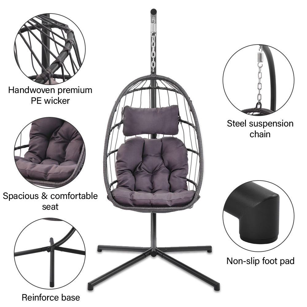 Hanging Chair Swing Egg Chair, Outdoor Rattan Egg Swing Chair, Heavy Duty Hammock Chair with Stand, Cushion and Pillow, Steel Frame Loading 350lbs for Indoor Outdoor Bedroom Patio Garden, B041