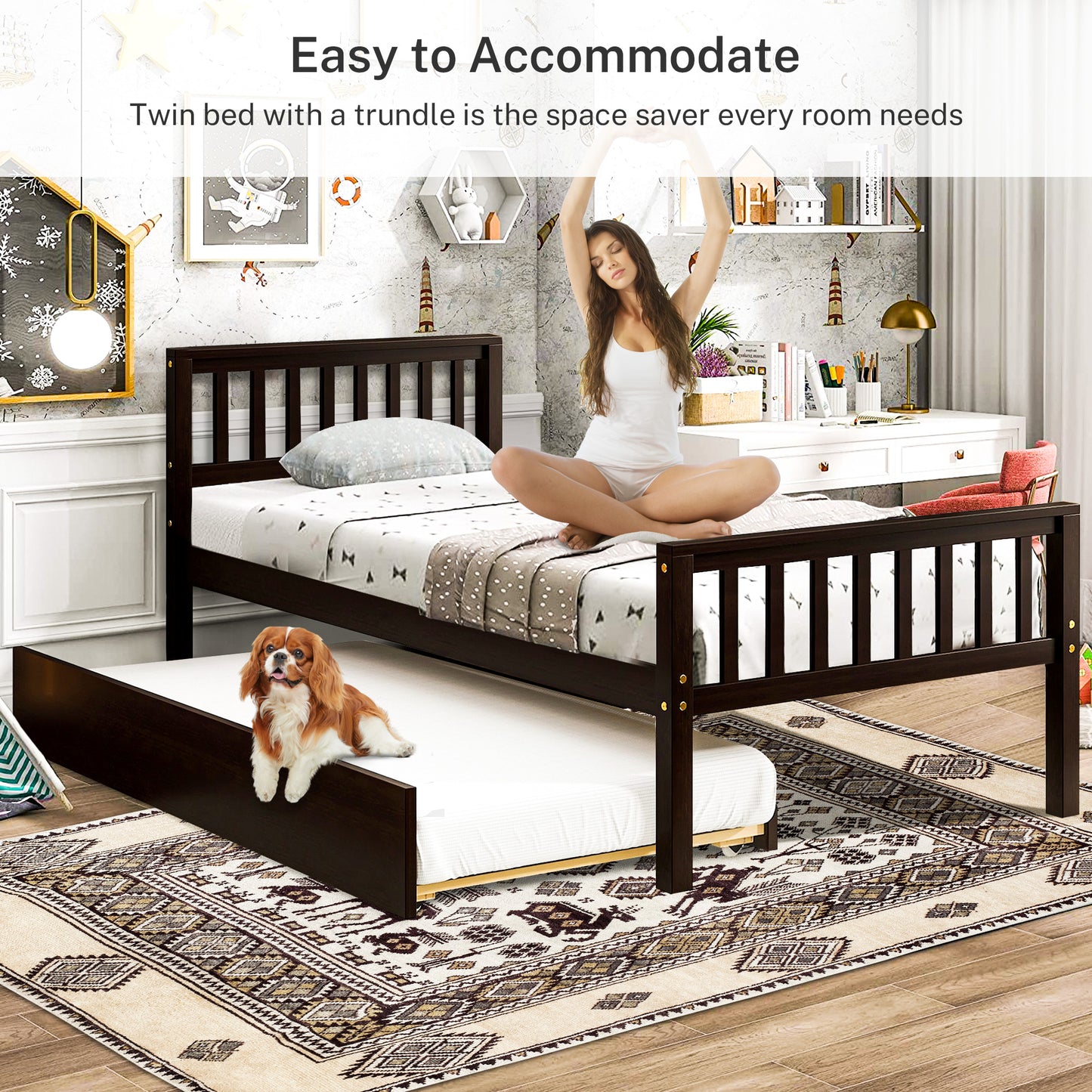 SYNGAR Espresso Twin Bed Frame with Trundle, Kids Platform Twin Size Bed with Pull Out Trundle, Solid Wood Trundle Bed with Headboard and Footboard, No Box Spring Needed, Space Saving, Easy Assembly