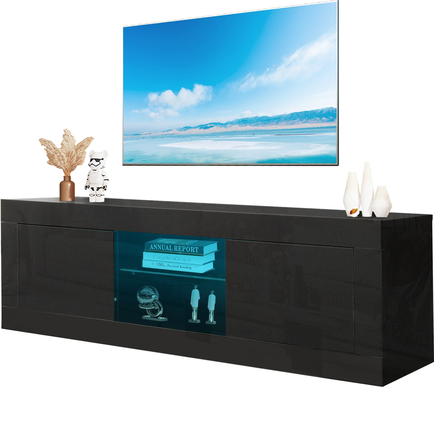 SYNGAR Black TV Stand for 55 inch TV, Modern High Glossy TV Console Table Stand with 16 Colors LED Lights, Living Room TV Table Stand Buffet Cabinet with Storage, 47"L×16" W×16" H
