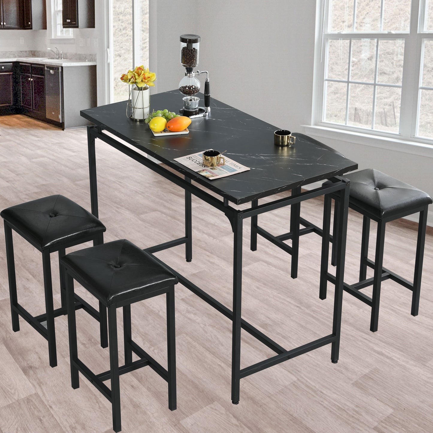 SYNGAR 5 Piece Dining Table Set, Modern Pub Table Set W/ 4 PU Leather Cushioned Stools, Counter Height Faux Marble Bar Table Set, 4-Person Dining Table & Stools Set, Kitchen Breakfast Table Set, Y008