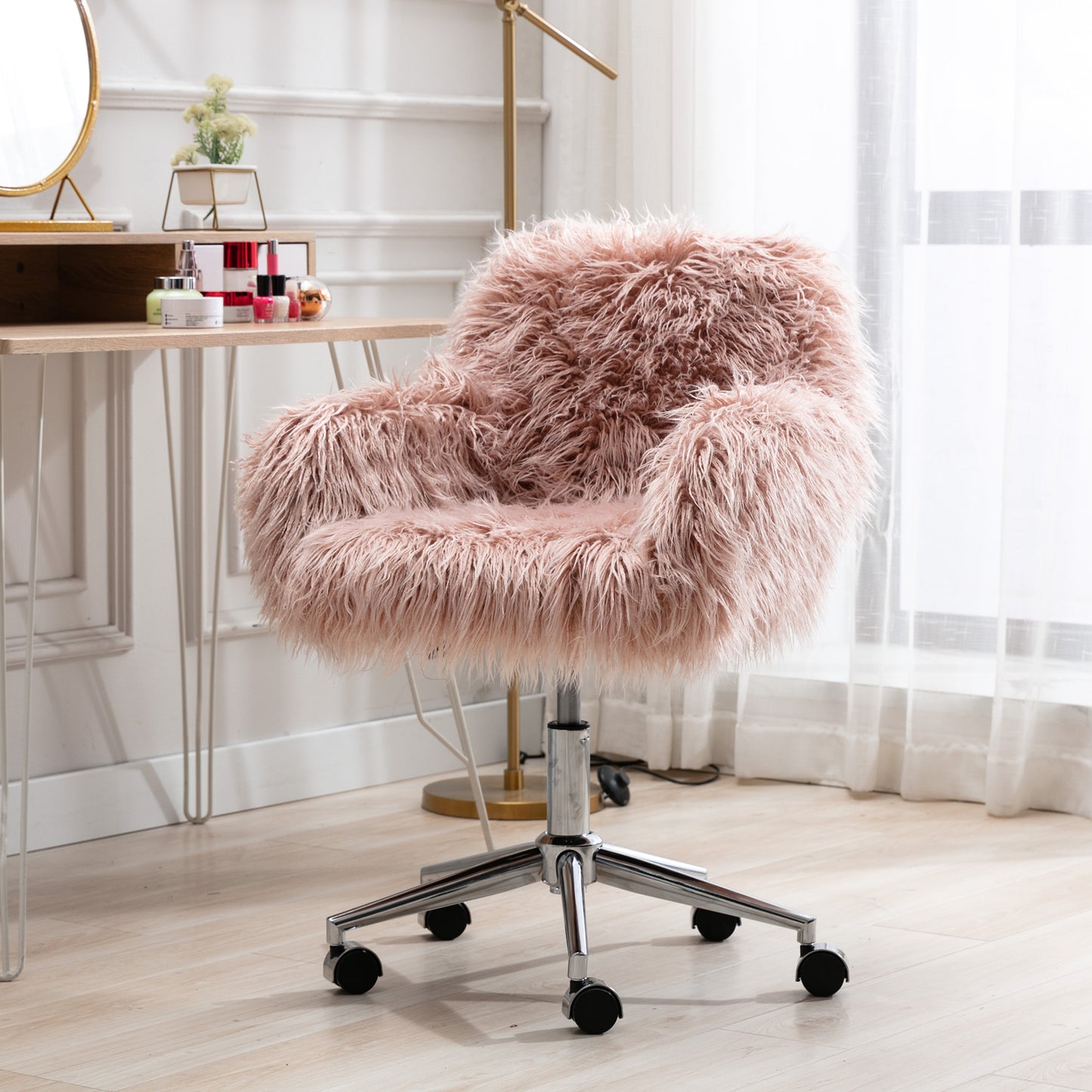 SYNGAR Cute Pink Fluffy Desk Chair for Teen Girl Kids, Home Office Computer Desk Chairs with Wheels, Comfy Faux Fur Swivel Rolling Task Chair Vanity Chair for Makeup Room, Bedroom, Living Room