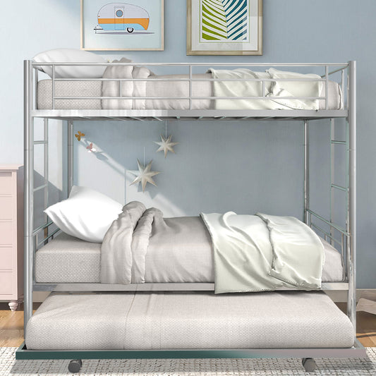 Twin over Twin Bunk Bed Frame with Trundle, SYNGAR Upgraded Bunk Beds with Ladder & Guardrail, Heavy Duty Kids Bedroom Furniture Bunk Bed for Boys and Girls, Space Saver Guest Room Bunk, Silver, C24
