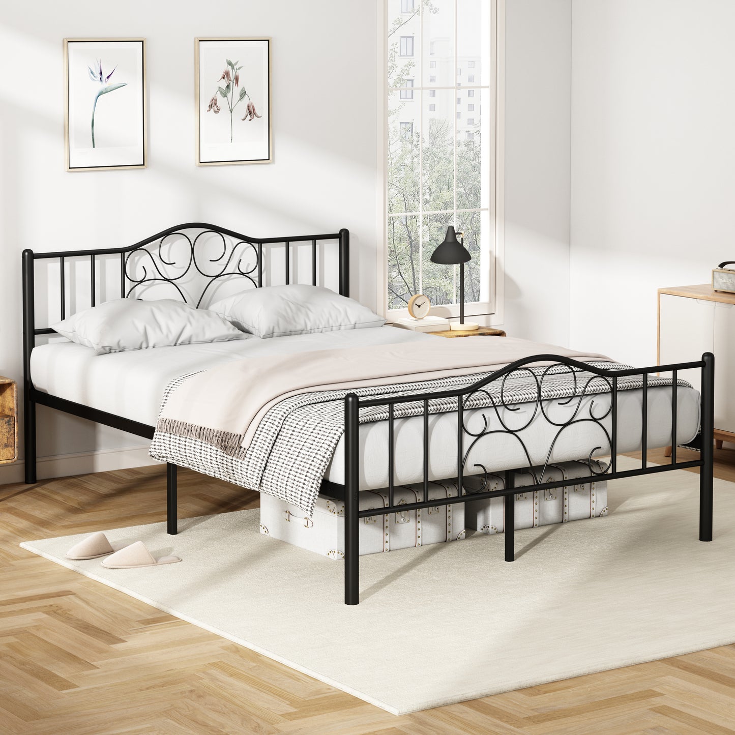 Queen Size Bed Frame with Headboard, Metal Queen Size Platform Bed frame with Steel Slats Support, Black