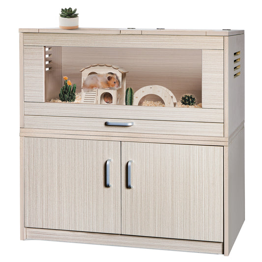 Syngar Guinea Pig Cages, Wooden Hamster Cage with Independent Storage Cabinet, Removable Tray, Openable Roof with Acrylic Sheets, Small Animal Habitats with Guinea Pig Hutch and Bridge