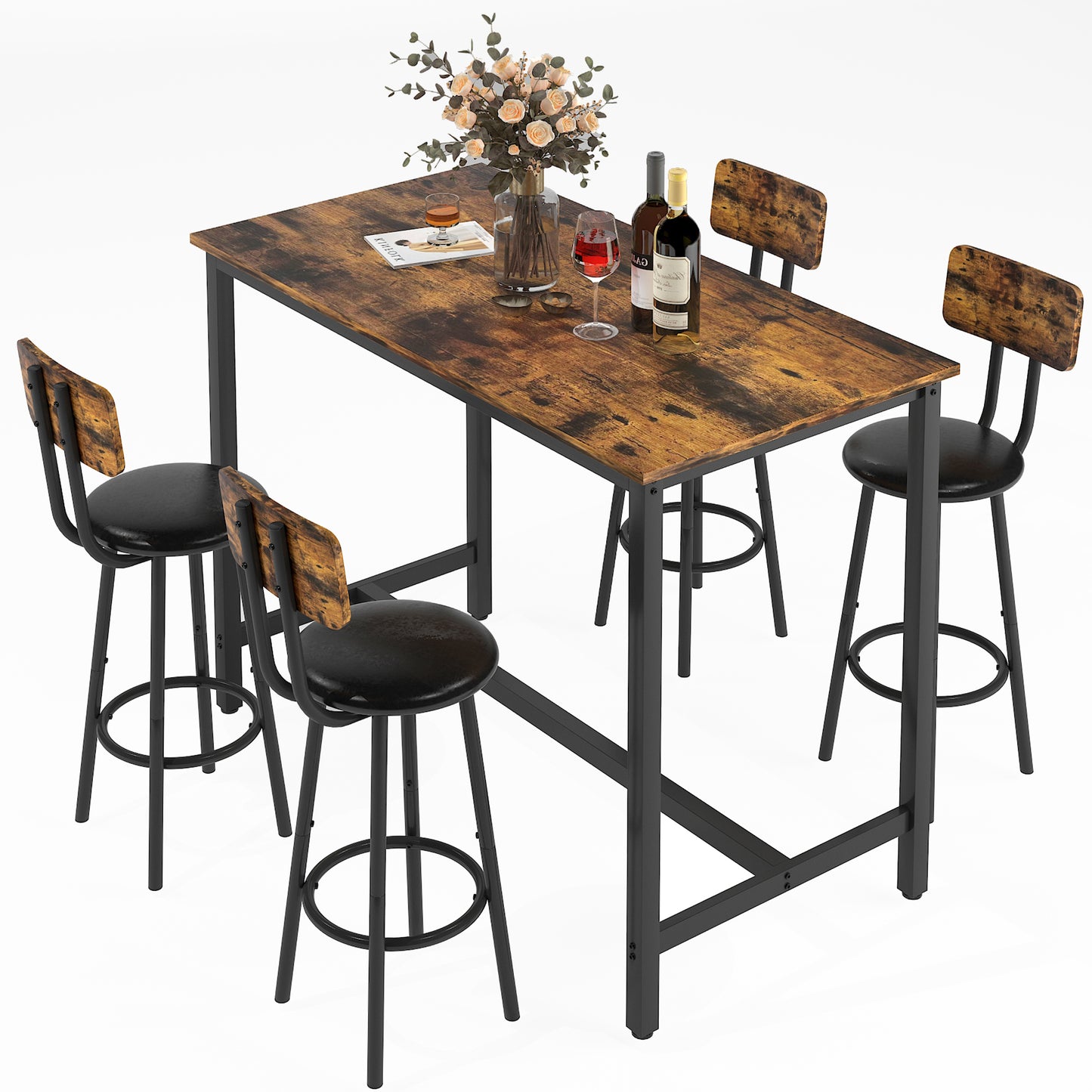 SYNGAR 5 Piece Bar Table Set, Modern Counter Height Dining Set, Home Dining Table and Chairs Set for 4, Kitchen Breakfast Table Set with 4 Cushioned Stools, Bistro Pub Table Set, Rustic Brown