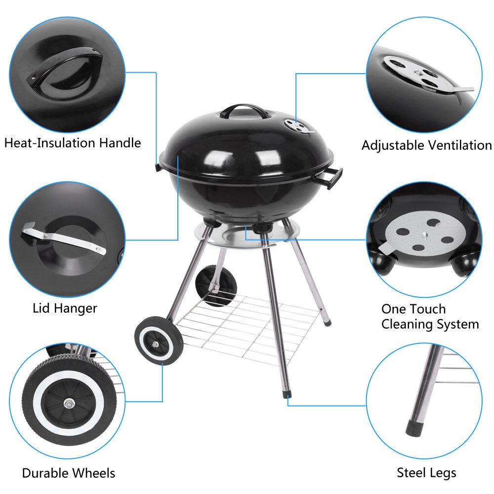 18 Inch Charcoal Grill for Outdoor Camping, High Round Charcoal Barbecue Grill with Thickened Grilling Bowl for Picnic Small BBQ Kettle Patio with Durable Wheels, B029