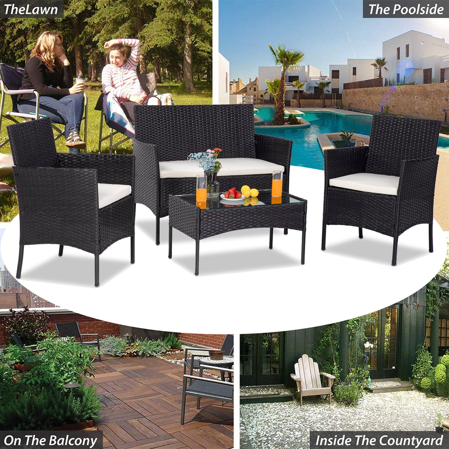 4-Piece All-Weather Wicker Patio Conversation Sets, Outdoor Furniture Sofa Couch Dining Set with Table, Chairs, Loveseat, Cushioned Seats for Garden, Lawn, Backyard, Front Porch, Brown