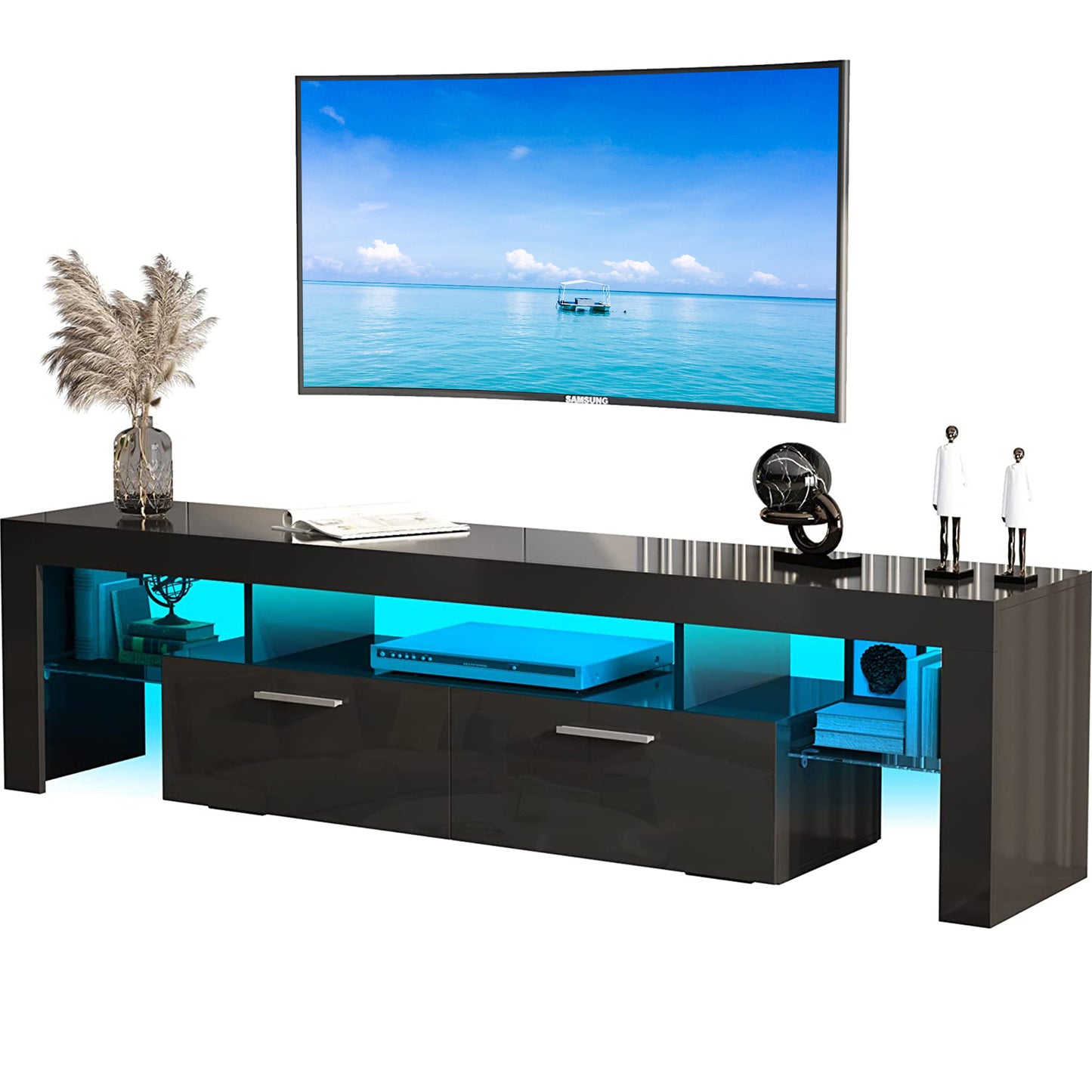 Modern TV Stand for TV up to 70 inches, TV Console Table Stand with 16-Color LED Lights, Home Living Room Entertainment Center, Black, 63" L x 14" W x 18" H