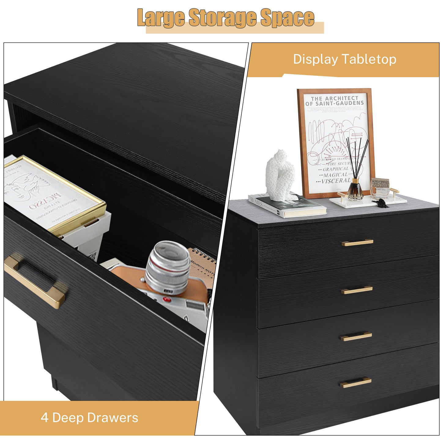 SYNGAR Black 4 Drawer Dresser, Chest of Drawers for Bedroom, Modern Storage Cabinet Dresser Organizer Unit with Handle for Living Room, Closet, Hallway, Nursery