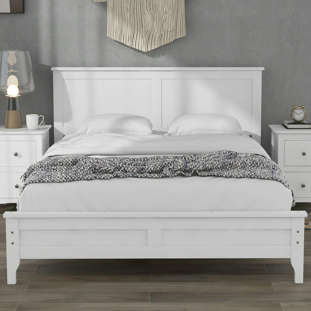 Full Size Bed Frame with Headboard, Platform Bed Frame Solid Wood with Headboard, White, LJ2083