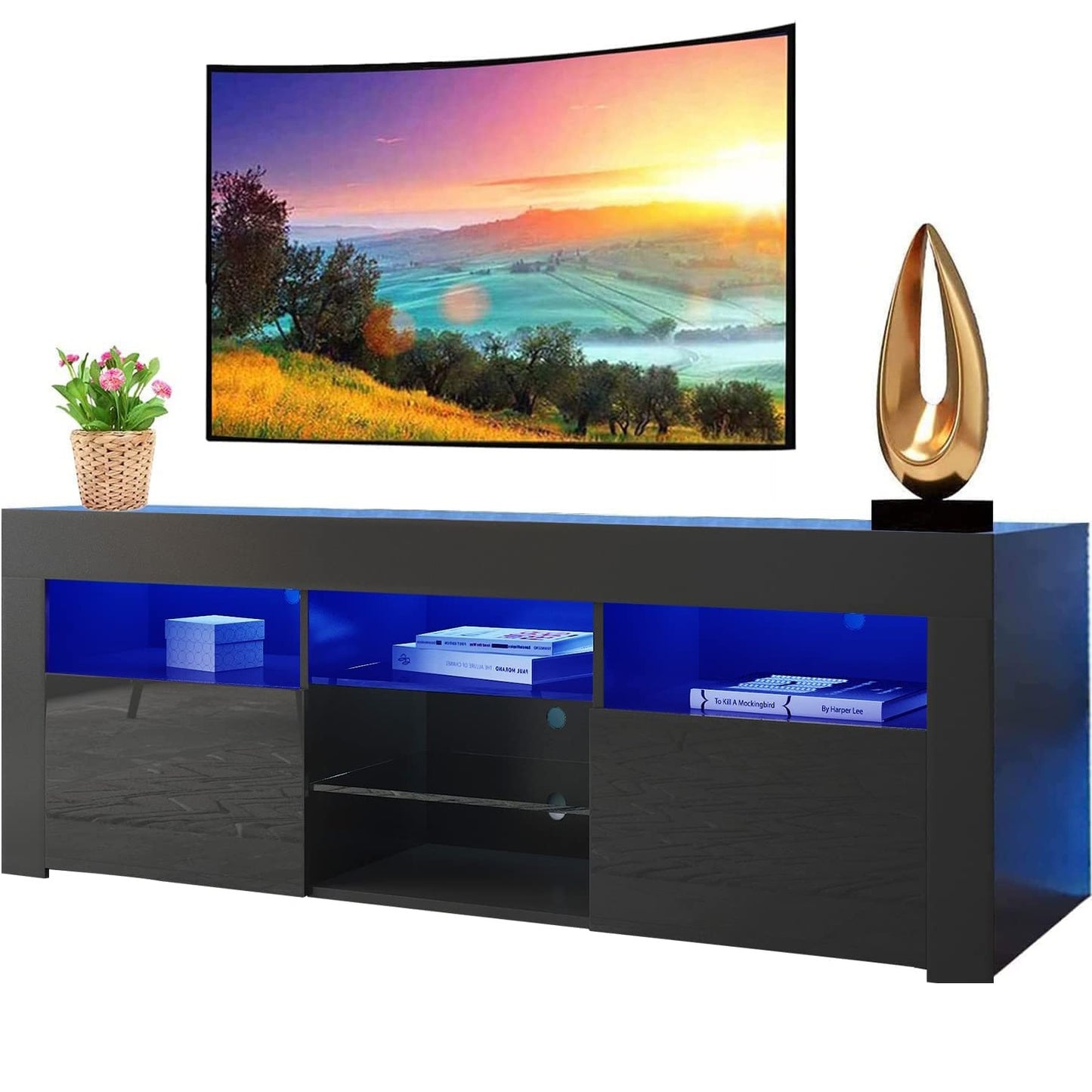 SYNGAR White TV Stand for 65 inch TV, Modern High Glossy TV Console Table Stand with 16 Colors LED Lights, Living Room TV Table Stand Buffet Cabinet with Storage, 58"L×14" W×21"H