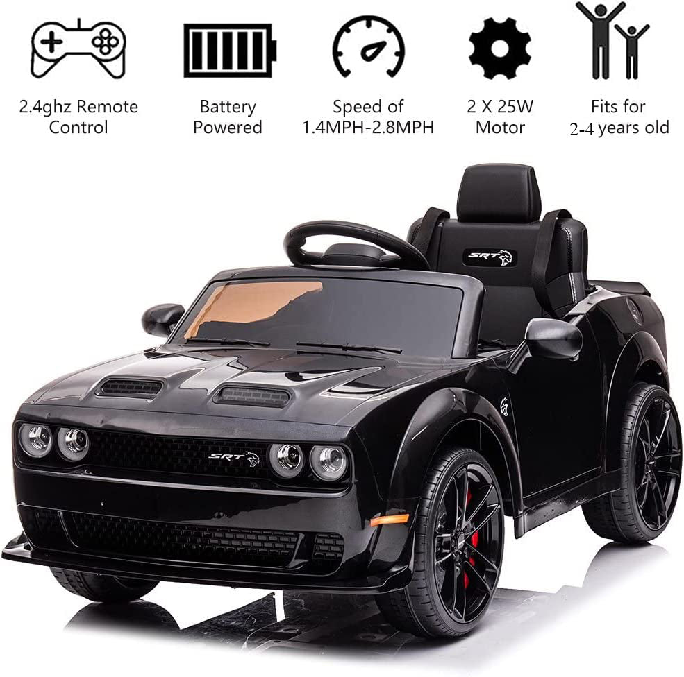 Electric Ride on Car for Kids, 12V Licensed Dodge Challenger SRT Car Vehicle with Remote Control, LED Lights and Bluetooth Player, Kids Rechargeable Battery Powered Ride on Toy, Black, Y036