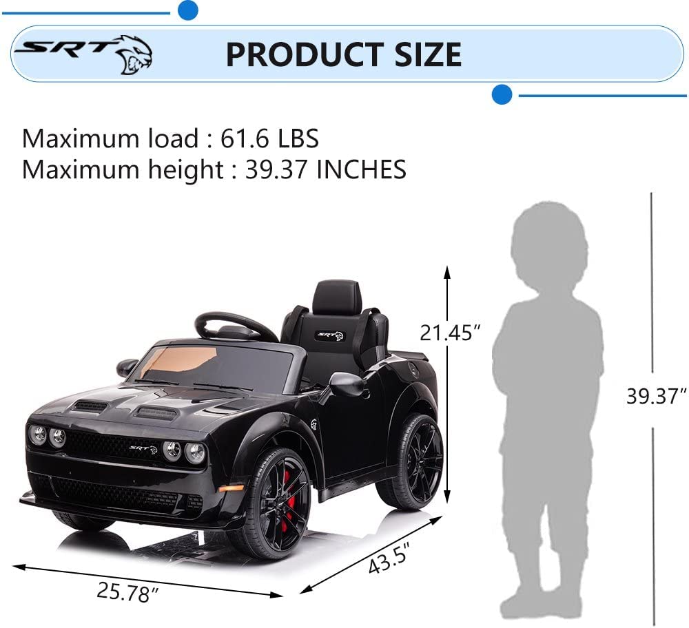 Electric Ride on Car for Kids, 12V Licensed Dodge Challenger SRT Car Vehicle with Remote Control, LED Lights and Bluetooth Player, Kids Rechargeable Battery Powered Ride on Toy, Black, Y036