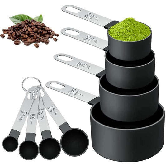 SYNGAR Measuring Cups and Spoons Set, Nesting Measure Cups with Stainless Steel Handle, Home Essentials Measuring 4 Cups and 4 Spoons for Baking, Cooking, Teaspoons Set, Black