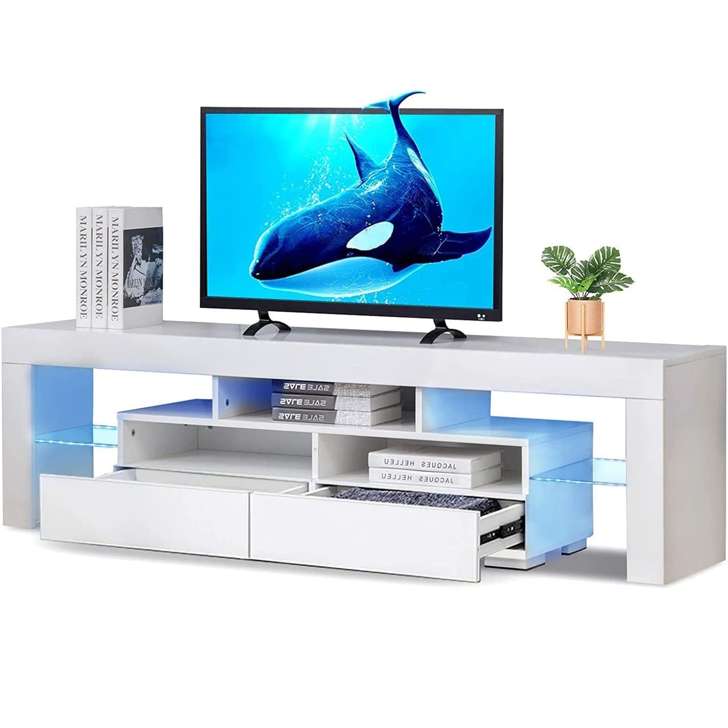 White TV Stand for 70 inch TV, Modern High Glossy Television Table Stands TV Cabinet Console Table with 16 Colors LED Lights, TV Buffet Cabinet with Storage, Living Room Entertainment Center