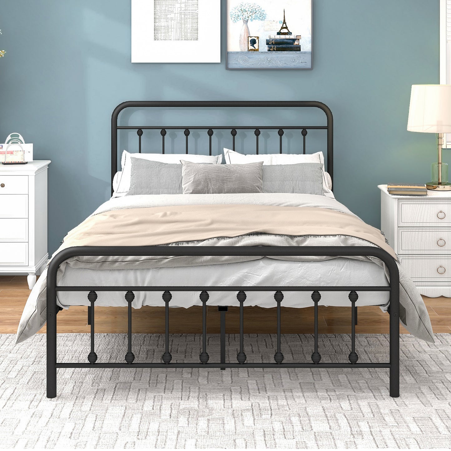 Platform Bed Frame Full Size with Vintage Headboard and Footboard, New Upgraded Metal Legs Support, No Box Spring Needed, Heavy Duty Steel Full Bed Frame with 500LBS Weight Capacity, Black