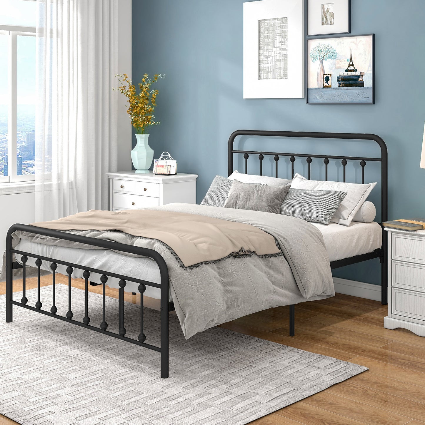 SYNGAR Black Full Bed Frame for Kids Teens Adults, Vintage Style Metal Platform Bed Frame with Headboard and Footboard, Heavy Duty Full Size Bed Frame Bedroom Furniture, No Box Spring Needed