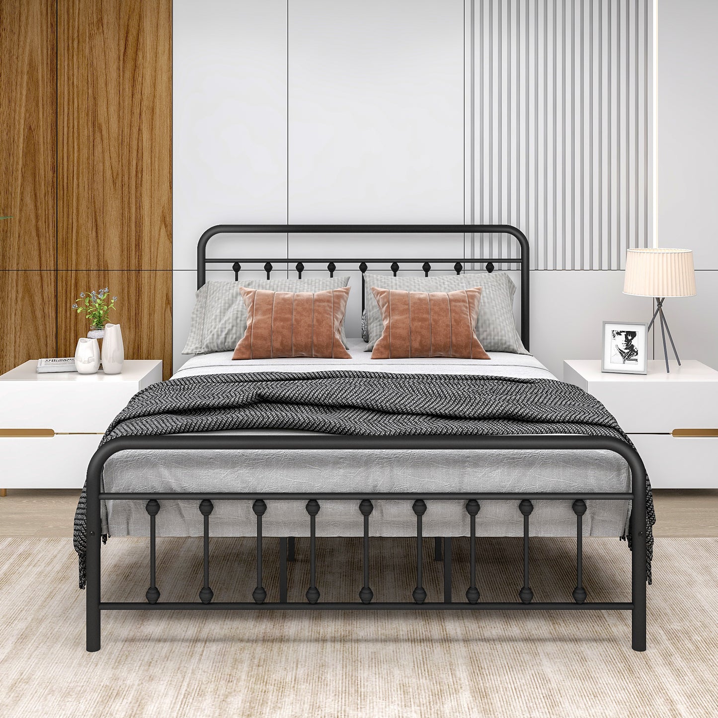 Black Iron Platform Bed Frame Queen Size with Vintage Headboard and Footboard, Metal Queen Bed Frame Mattress Foundation with 600LBS Load Capacity, No Box Spring Required, Space Saving Design