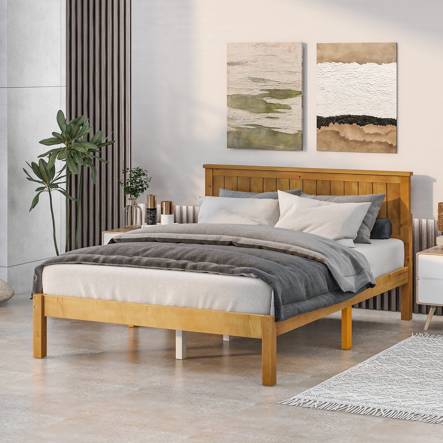 CASEMIOL Full Size Wood Bed Frame with Headboard,No Box Spring Needed Platform Bed,Heavy Duty Wood Slat Support,Under-Bed Storage,Country Style,Light Brown