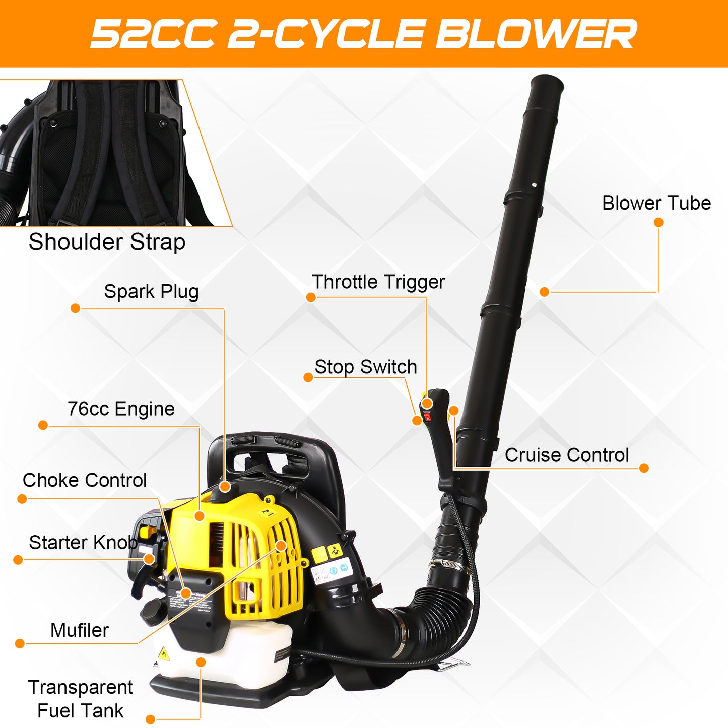SYNGAR Cordless Leaf Blower Gas Powered Backpack with Extention Tube for Snow Blowing and Cleaning, 52CC 2-Cycle, Not for Sale in California, LJ2425