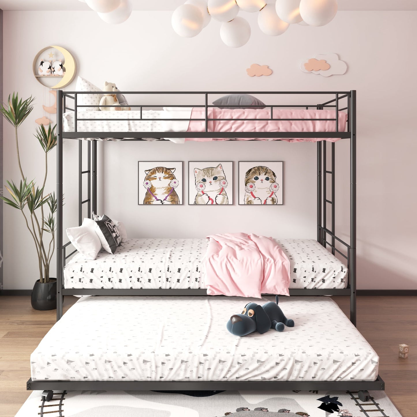 SYNGAR Twin over Twin Bunk Bed with Trundle, Loft Bunk Bed with Pull-out Trundle and Safe Full-length Guardrail, Metal Triple Bunk Bed can Convertible to 3 Single Platform Bed, Black