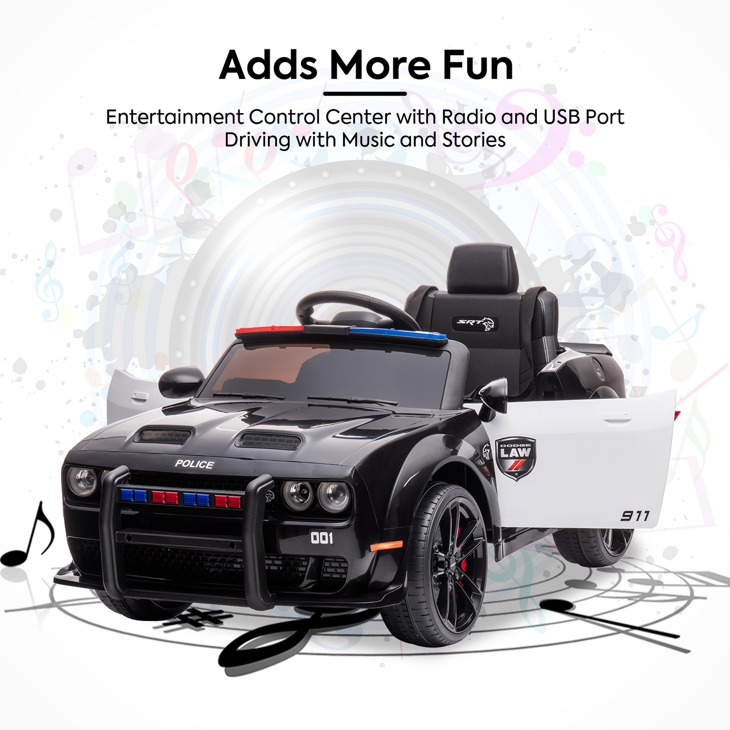 SYNGAR 12V Powered Ride on Police Car, Licensed Dodge Challenger Kids Ride On Toys with Patental Remote Control, LED Lights and Horn, Battery Operated Electric Vehicles Black, LJ1556