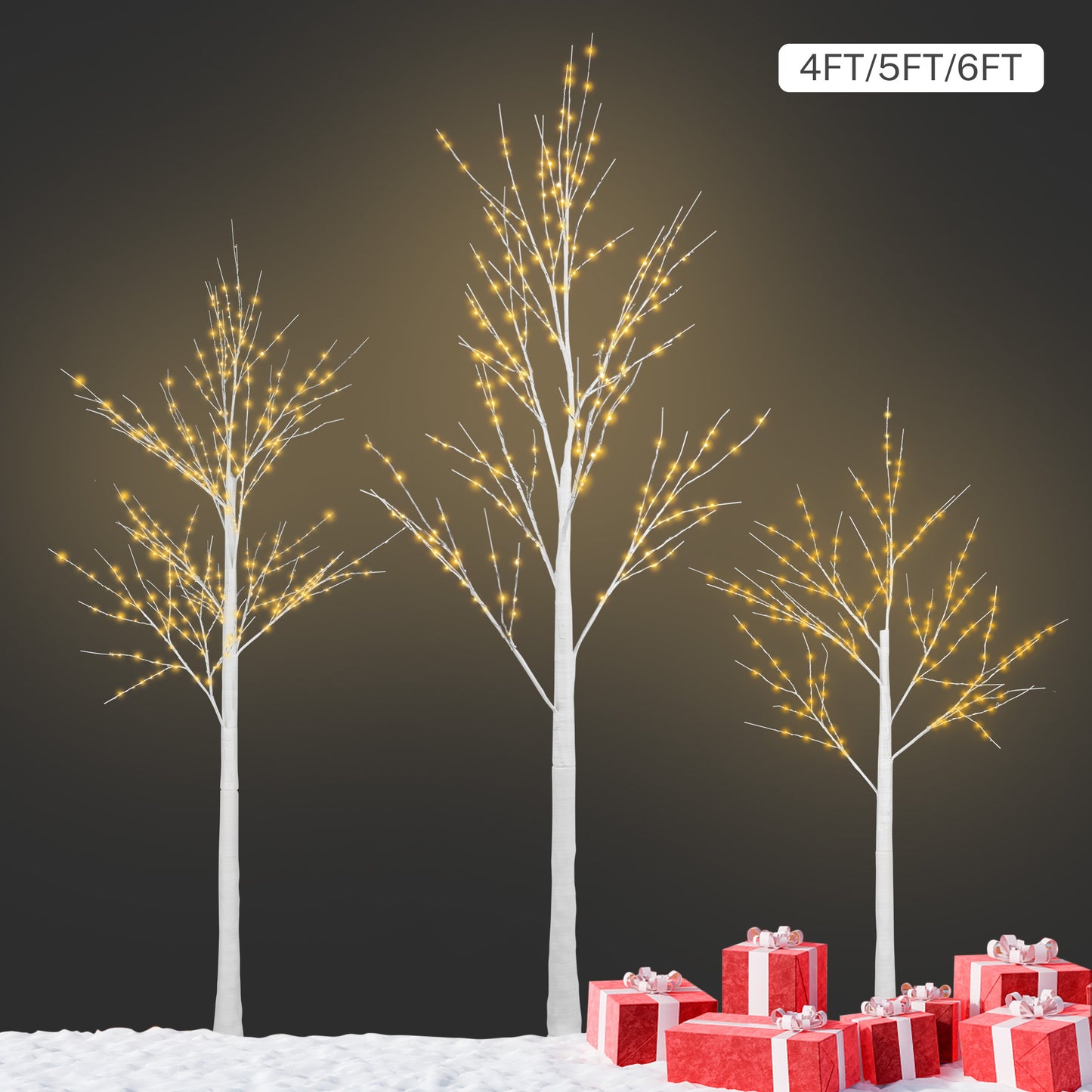 Set of 3 White Birch Trees, 4ft, 4ft and 6ft Christmas Tree with LED Lights, Fits for Christmas Decoration, Home Christmas Lights for Indoor Outdoor Wedding Party Garden, Warm White, C15