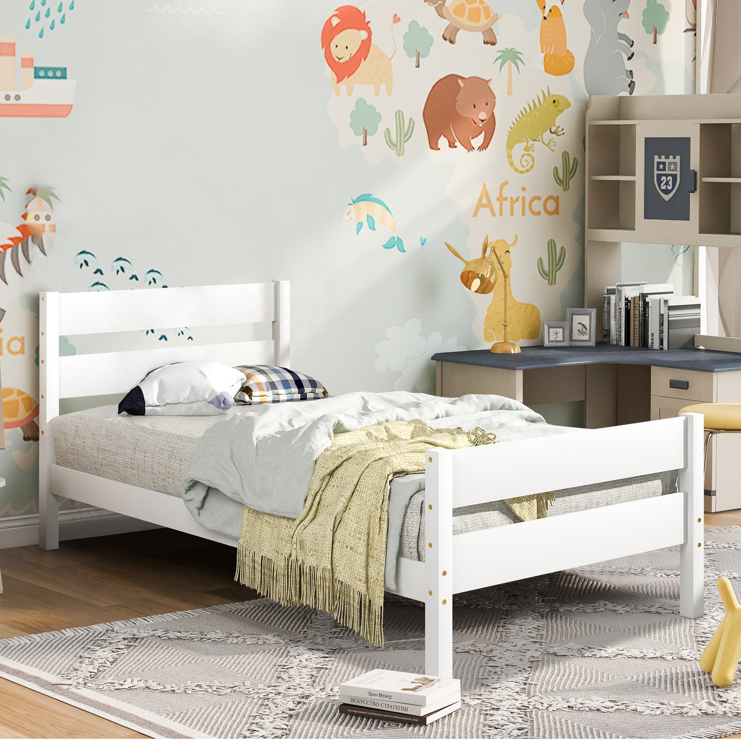 SYNGAR White Wood Platform Bed Frame Twin Size with Headboard and Footboard, Underbed Storage, Strong Slat Support, No Box Spring Needed, Twin Bed Frame for Kids Teens Adults