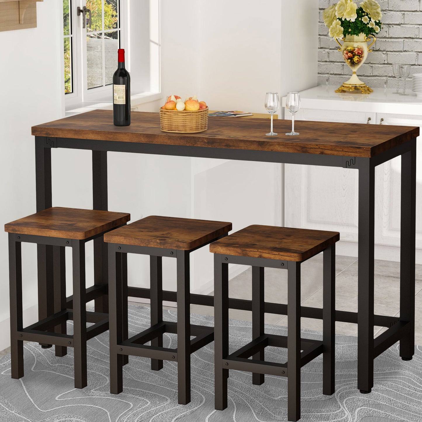 Counter Height Bar Table Set, Modern 4 Pieces Dining Table Set, Long Pub Table and 3 Stools, 3-Person Dining Table and Stools Set, Kitchen Side Table Set for Breakfast, Brown, Y039