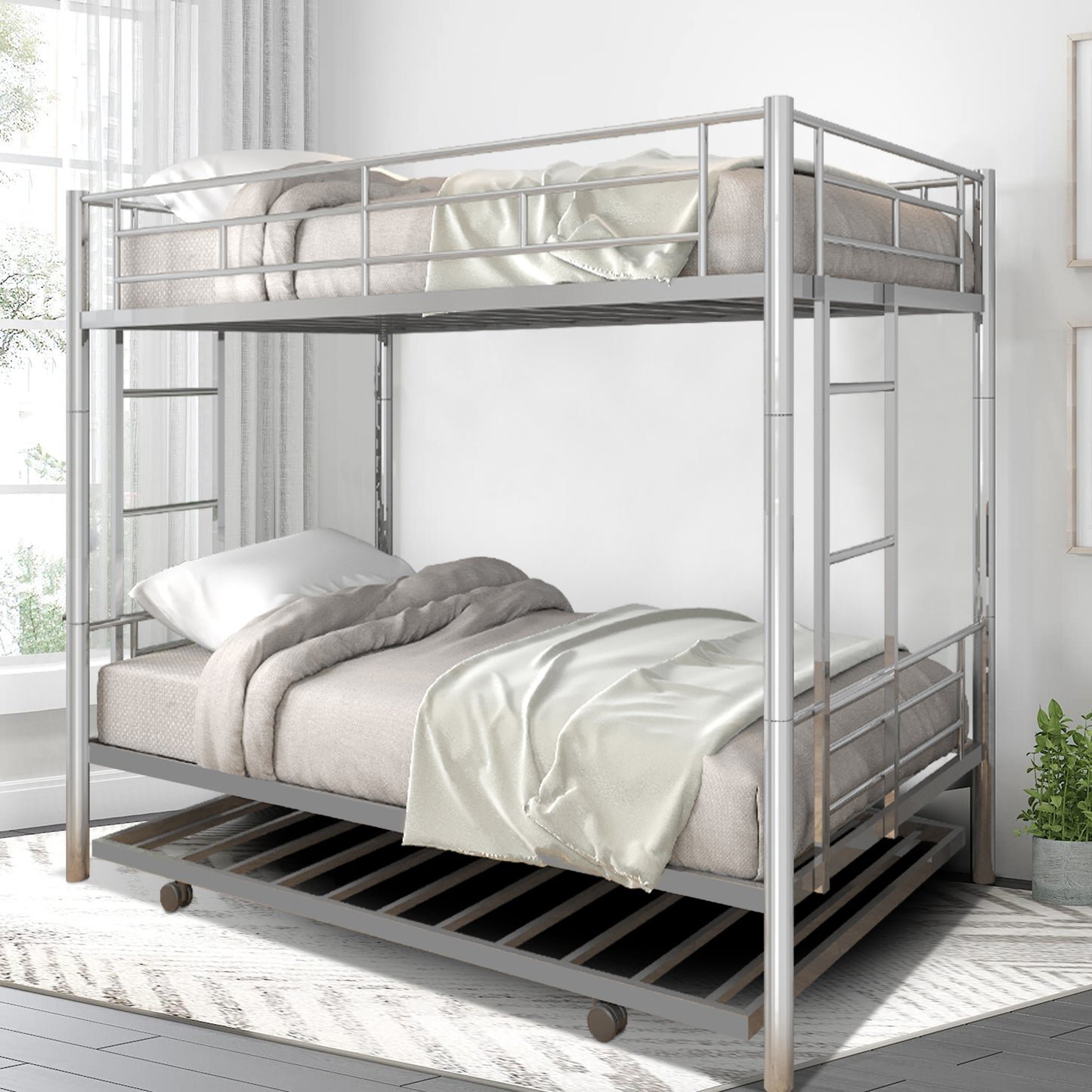 Twin over Twin Bunk Bed Frame with Trundle, SYNGAR Upgraded Bunk Beds with Ladder & Guardrail, Heavy Duty Kids Bedroom Furniture Bunk Bed for Boys and Girls, Space Saver Guest Room Bunk, Silver, C24