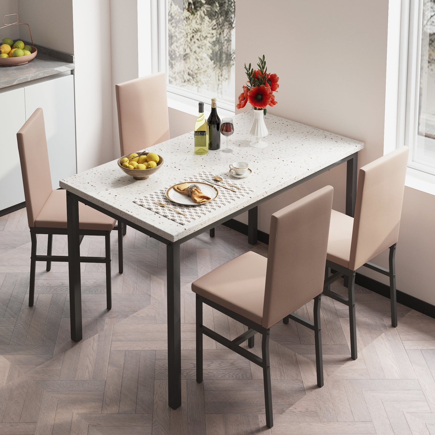 Modern Dining Table Set for 6, SYNGAR Faux Marble Table and PU Leather Upholstered Chairs Set, 7 Piece Kitchen Dining Set, Dining Table and Chairs Set for Small Space, Breakfast Nook, D9208