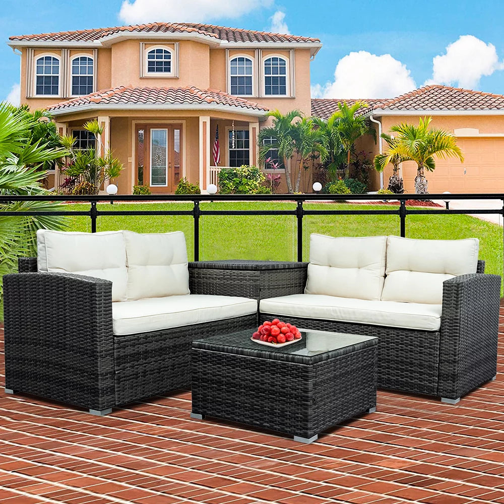 Rattan Patio Sofa Set, 4 Piece Outdoor Sectional Furniture Set, All-Weather PE Rattan Wicker Patio Conversation Set, Cushioned Sofa Set with Glass Table for Garden Pool Deck Porch, K2821