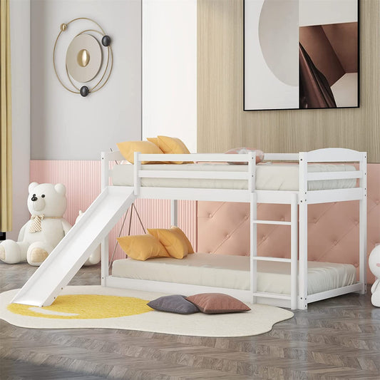 White Twin Bunk Beds with Slide for Kids, Low Profile Bunk Beds with Built-in Ladder, Kids Bedroom Furniture Floor Bed Frame for Toddlers Boys Girls, No Box Spring Needed, Hold 400LBS