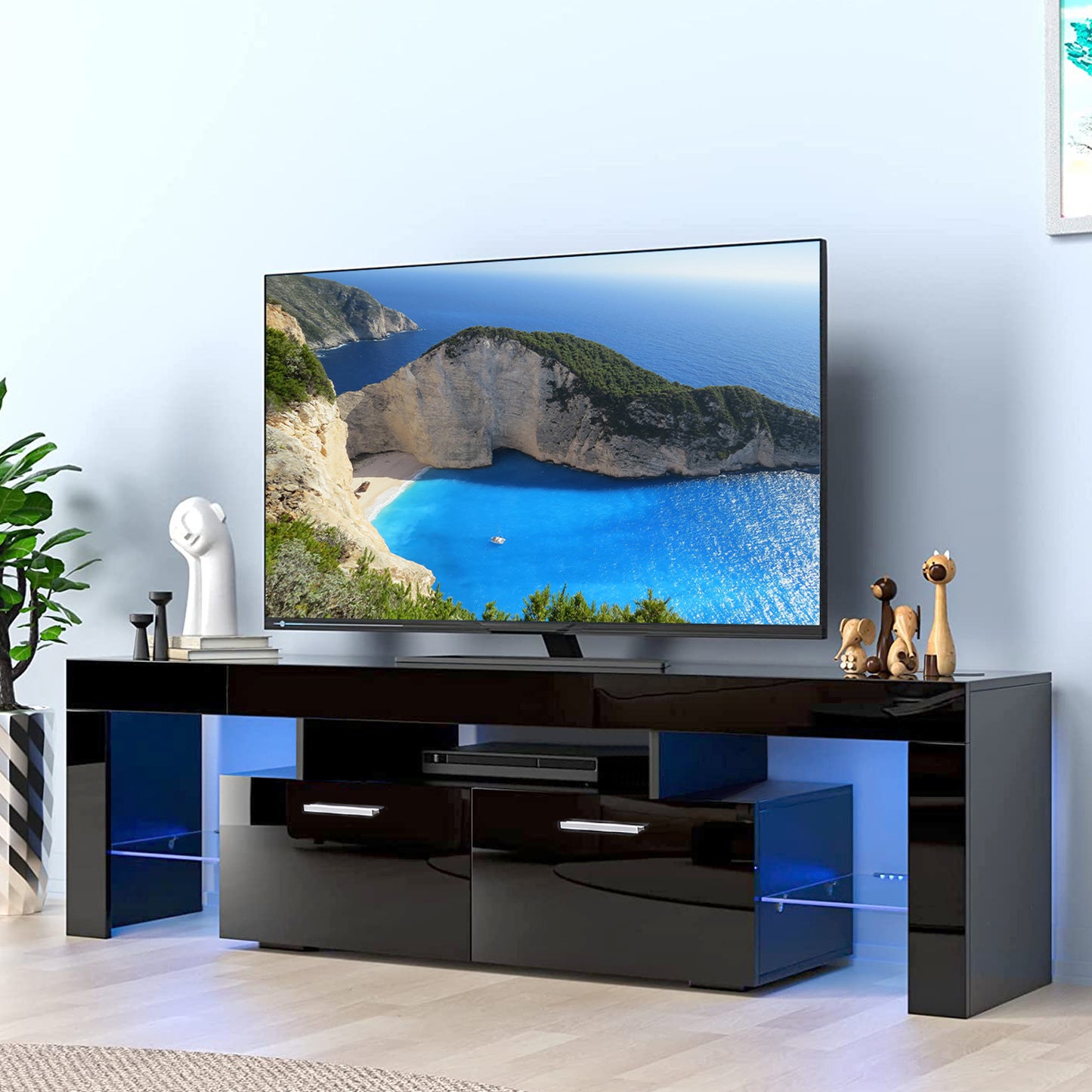 SYNGAR Modern TV Stand for TV up to 70 inches, TV Table Stand with 16-Color LED Lights, TV Console Table with Storage, Black, 63"L×14" W×18"H