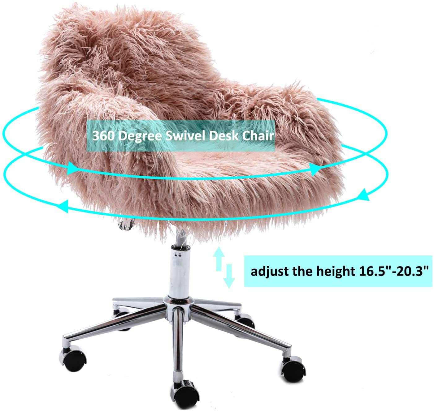 Modern Faux Fur Vanity Stool, Stylish Fluffy Upholstered Padded Dressing Chair, Height Adjustable Makeup Seat and Back w/ 360 Degree Swivel, Home Vanity Seat for Girls Bedroom Living Room, Pink, Y029