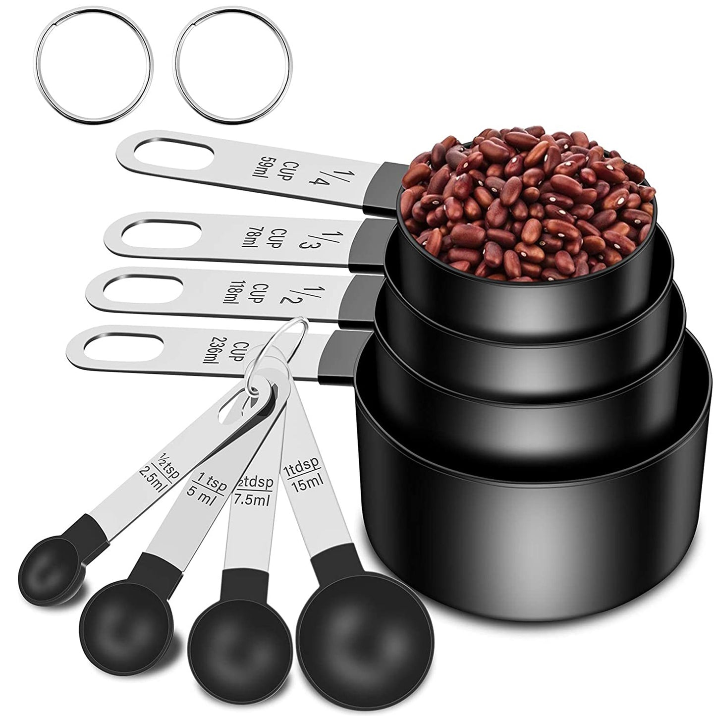 SYNGAR Measuring Cups and Spoons Set, Nesting Measure Cups with Stainless Steel Handle, Home Essentials Measuring 4 Cups and 4 Spoons for Baking, Cooking, Teaspoons Set, Black