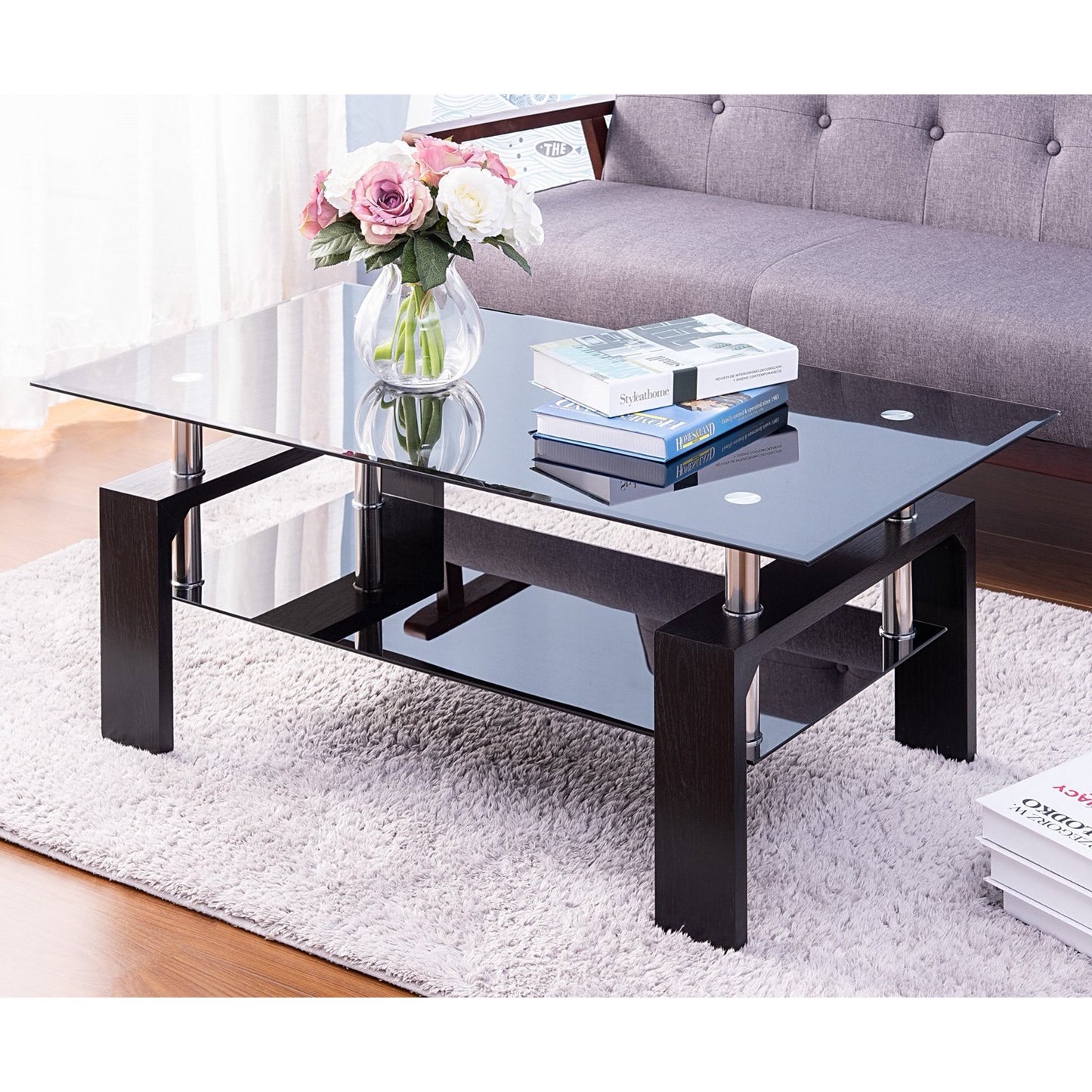 Rectangle, Modern Side Center Table with Shelf & Metal Legs, Mid-Century Tempered Glass Top Tea Table for Living Room, Home Furniture Cocktail Coffee Table - Clear, B1263