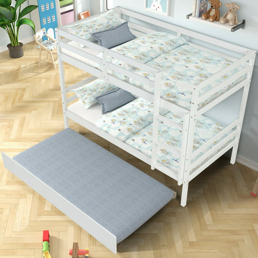 Twin over Twin Bunk Bed with Trundle, Triple Bunk Bed Frame Twin Size with Safety Rail, Can Converted into 2 Beds, White