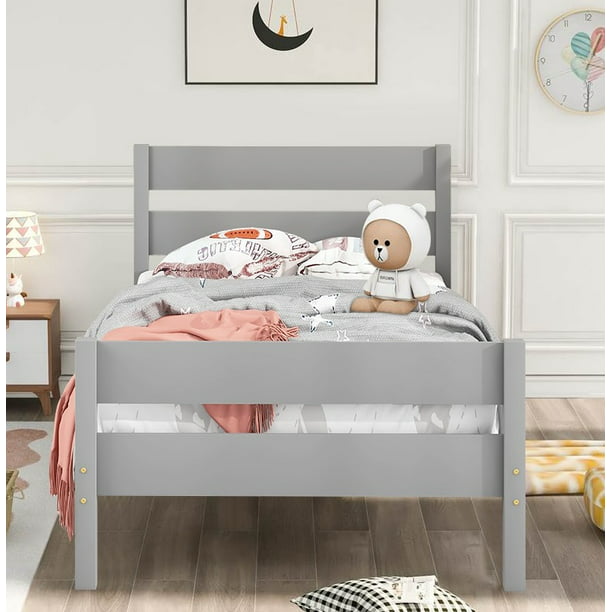 Wood Twin Platform Bed Frame with Headboard and Footboard for Kids Boys Girls Teens Adults, Gray, LJ798