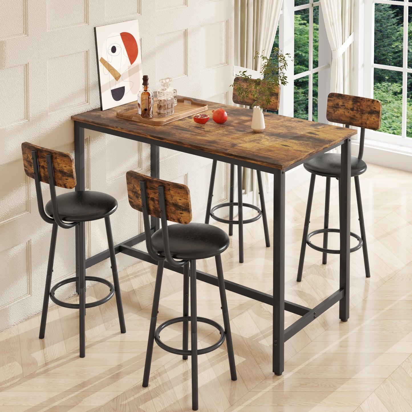 Modern Counter Height Pub Set, 5 Piece Dining Table Set with 4 Cushioned Stools, Extra Long Bistro Bar Table with Footrest, Kitchen Breakfast Table Set for 4, Rustic Brown