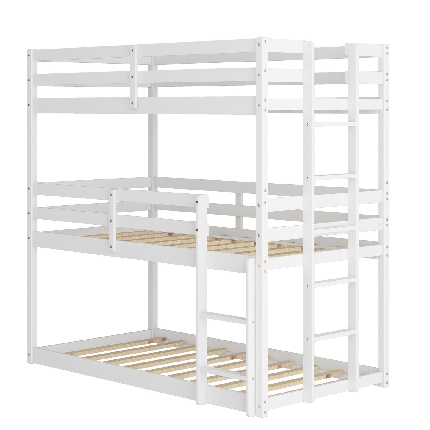 SYNGAR White Wood Triple Bunk Bed Frame for Kids, 3 Twin Bed Triple Floor Bunk Bed with Ladders, Adjustable Detachable Design 3 Bed Frame, No Box Spring Needed, Twin Over Twin Over Twin