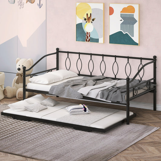 SYNGAR Metal Twin Size Daybed with Roll-Out Trundle, Multifunctional Platform Portable Folding Trundle Bed Frame, Mattress Foundation/Children Bed Sofa for Guest Living Room, Black